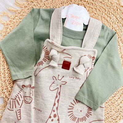  Conj. Blusa Manga Longa e Jardineira Safari de Moletom - Mescla e Verde